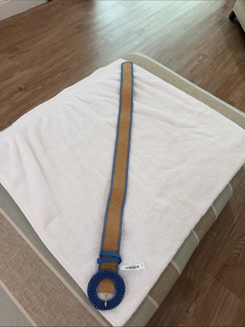 J. McLaughlin Tan Woven Belt with Blue Trim and Round Buckle